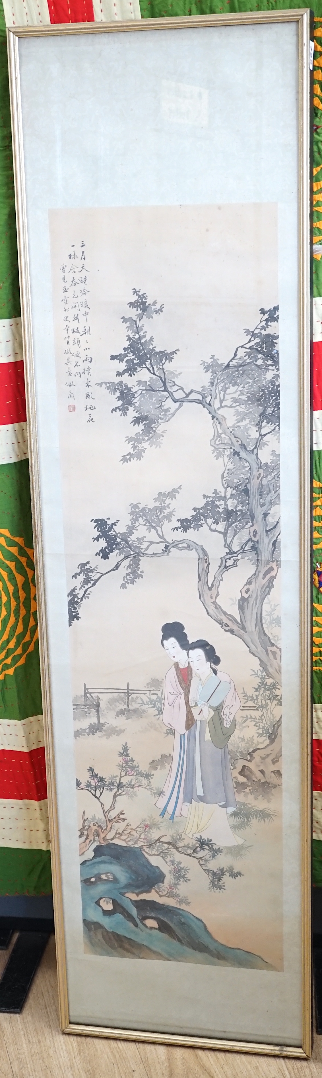 Japanese School, watercolour on silk, Women in a garden, 104 x 28cm